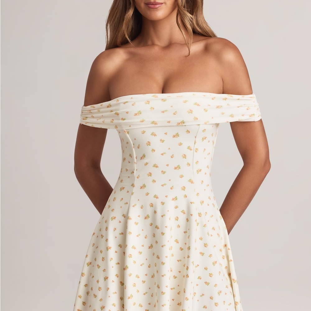 Oh Polly Strapless Cream Dress with Yellow Floral Pattern